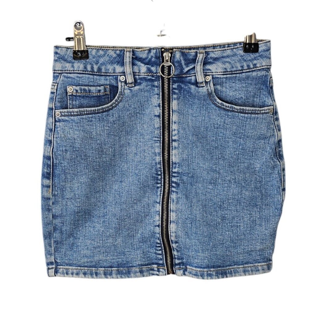 Garage Womens Denim Zip Front O Ring Mini Skirt, Blue, Cotton, Size XS